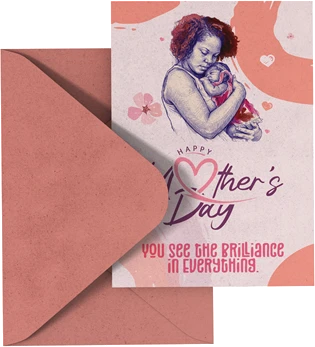 Happy Mother’s Day card with mother and baby illustration and coral envelope