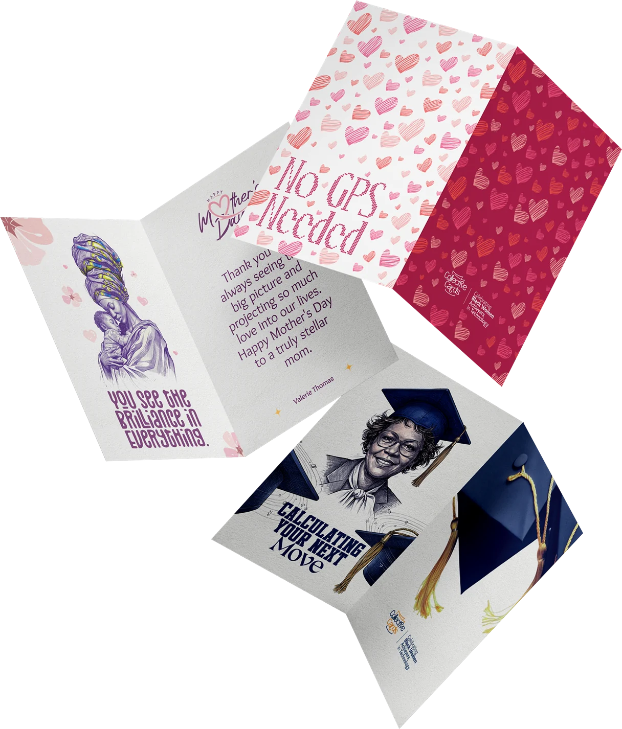 A group of Collective Cards designs, including No GPS Needed and a graduation card